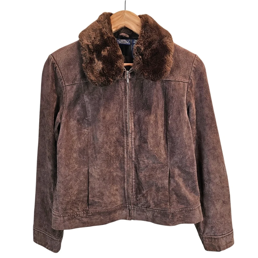 Vintage Brown Suede Leather Jacket M Faux Fur Collar Y2K Quiet Luxury Equestrian - Picture 3 of 12